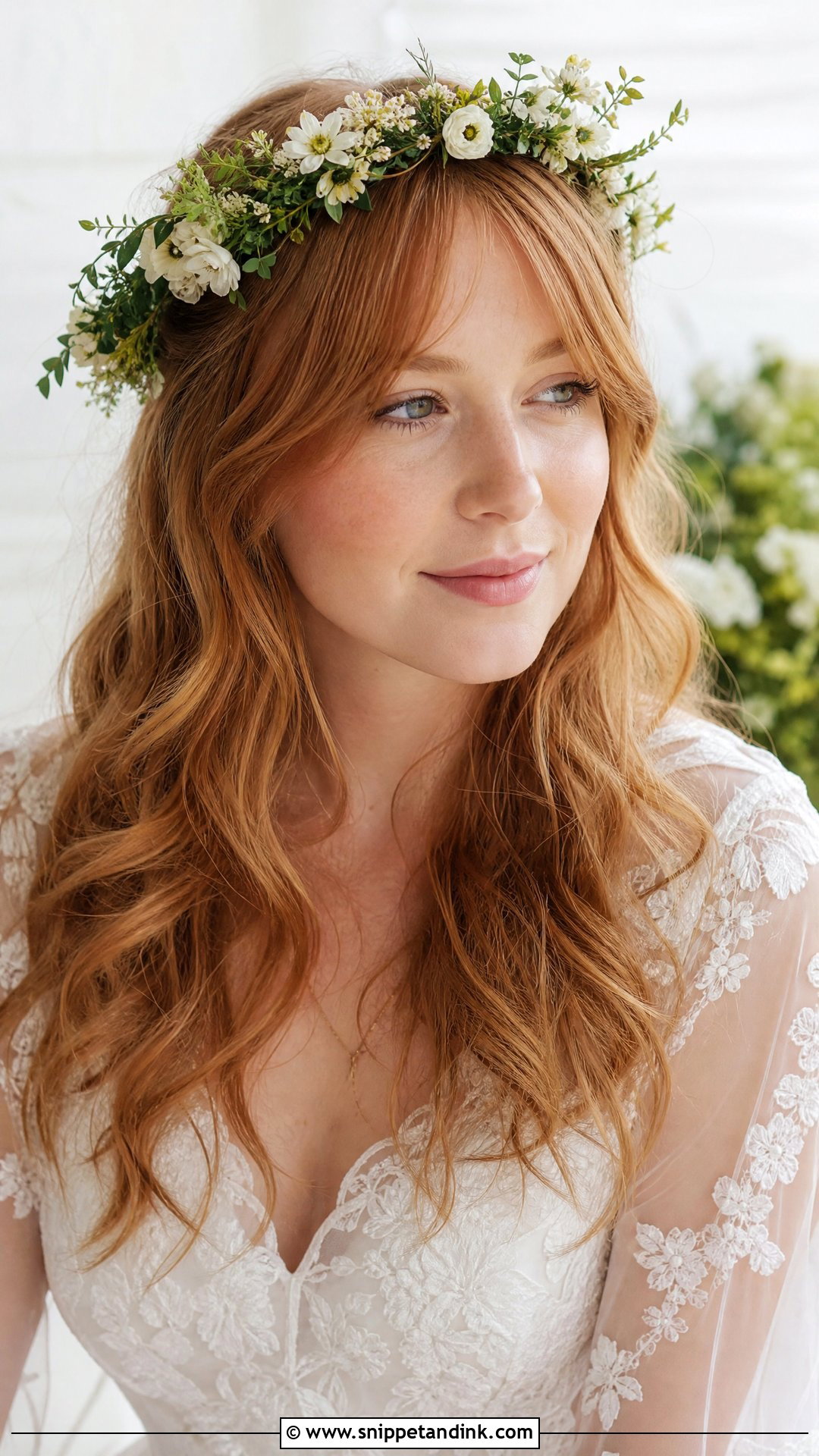 Curtain Bangs with a Floral Crown - Snippet and Ink - 20 Wedding Hairstyles with Curtain Bangs