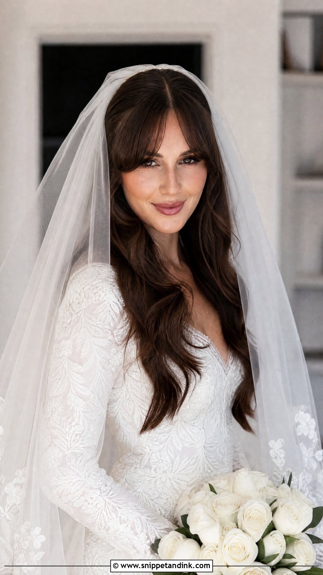 Curtain Bangs with a Veil - Snippet and Ink - 20 Wedding Hairstyles with Curtain Bangs