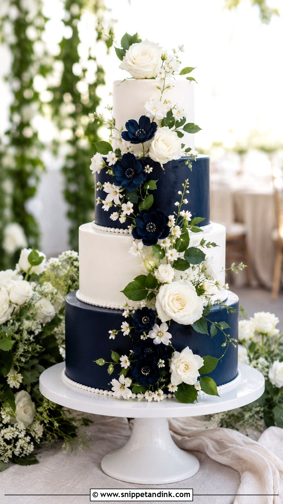 Dark Blue And White Floral Wedding Cake - Snippet and Ink - 20 Dark Blue and White Cake Ideas for Wedding