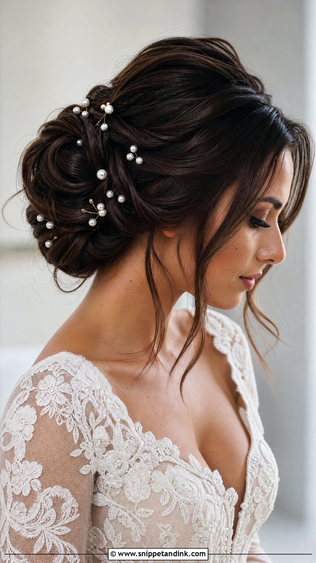 Dark Bridal Bun With Pearls - Snippet and Ink - 15 Dark Bridal Hair Ideas