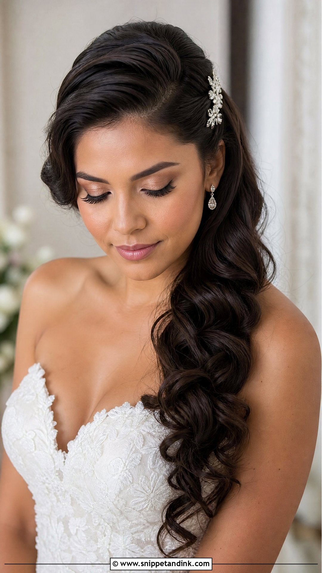 Dark Bridal Side Swept Curls - Snippet and Ink - 15 Dark Bridal Hair Ideas