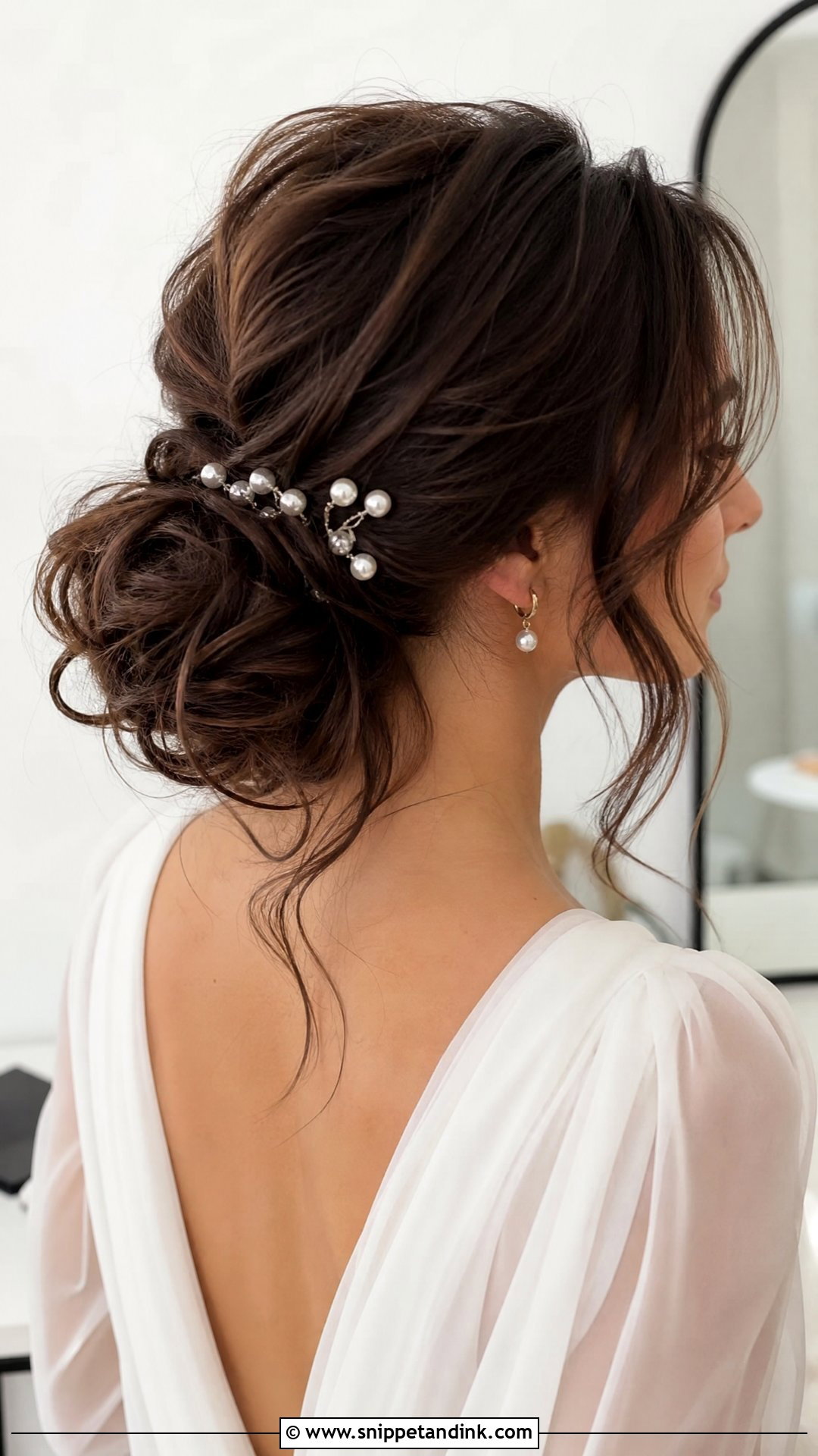 Dark Brown Bridal Messy Bun - Snippet and Ink - 15 Dark Brown Bridal Hair Ideas