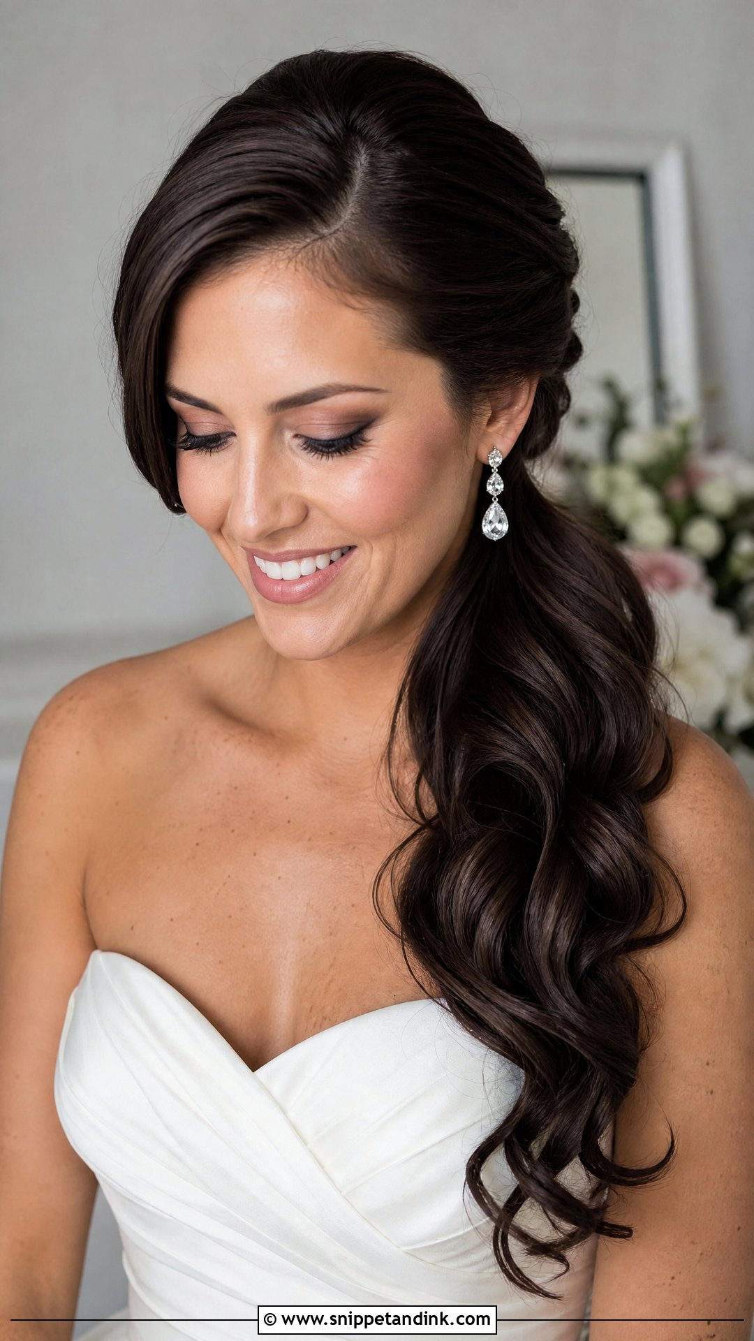 Dark Brown Bridal Side Swept Hair - Snippet and Ink - 15 Dark Brown Bridal Hair Ideas