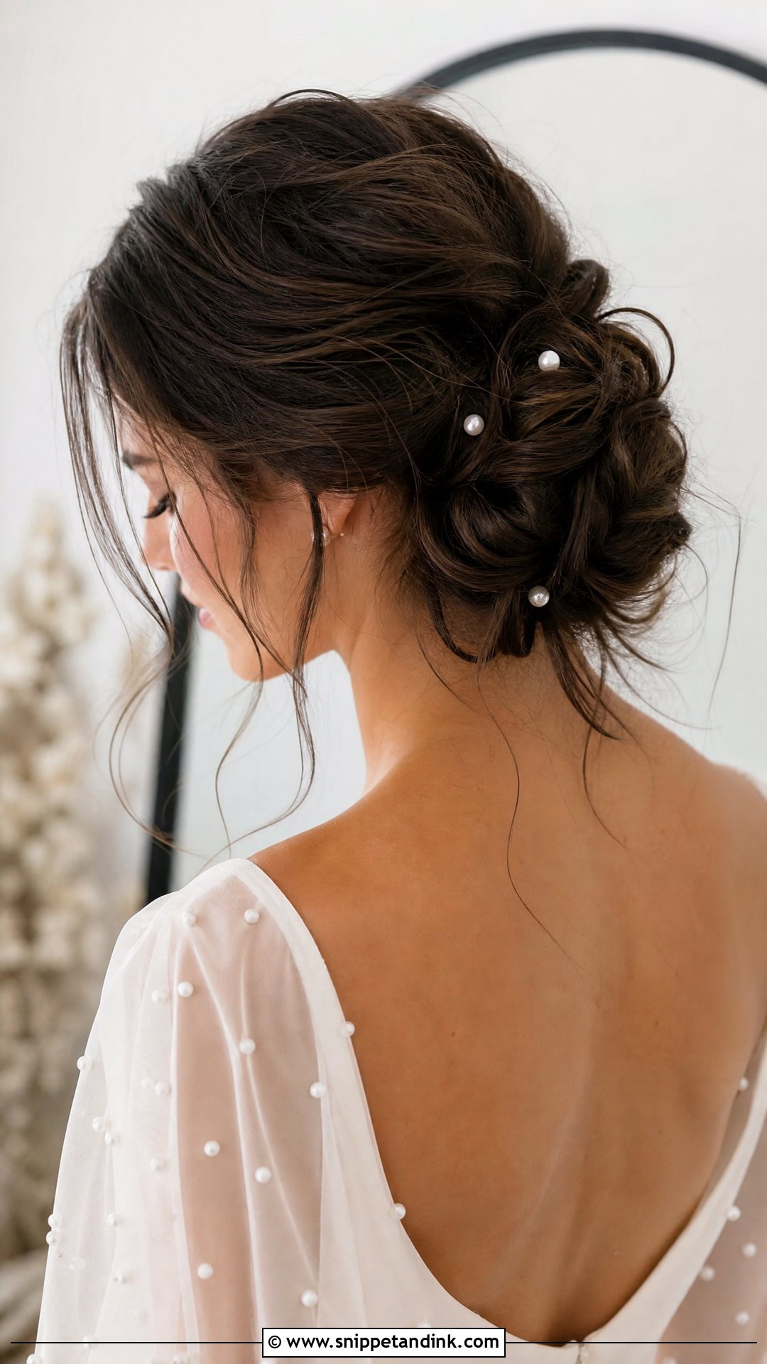 Dark Brown Hair Wedding Messy Bun - Snippet and Ink - 15 Dark Brown Hair Wedding Hairstyles