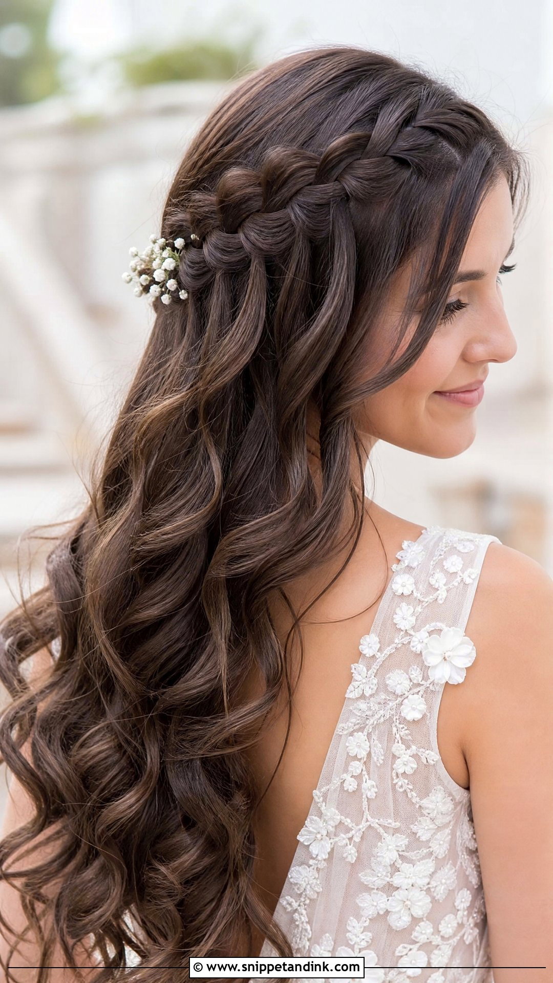 Dark Brown Hair Wedding Waterfall Braid - Snippet and Ink - 15 Dark Brown Hair Wedding Hairstyles
