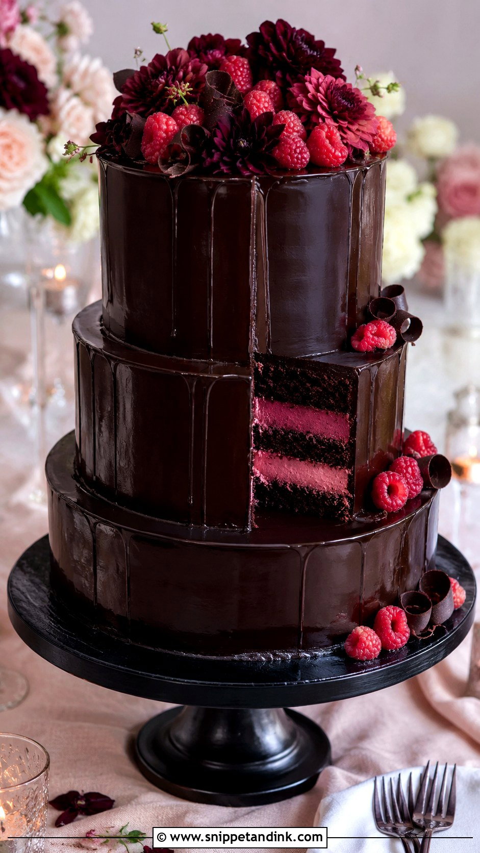 Dark Chocolate Raspberry Mousse Wedding Cake - Snippet and Ink - 25 Mousse Wedding Cake Ideas