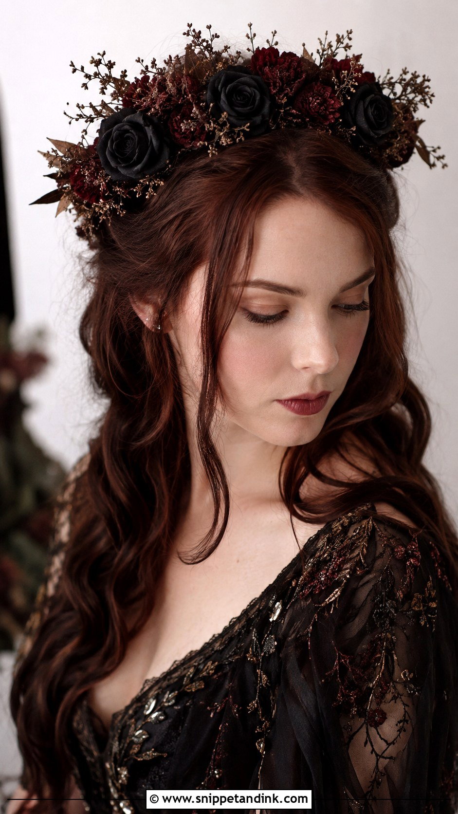 Dark Floral Crown Hairstyle - Snippet and Ink - 25 Gothic Wedding Hairstyles