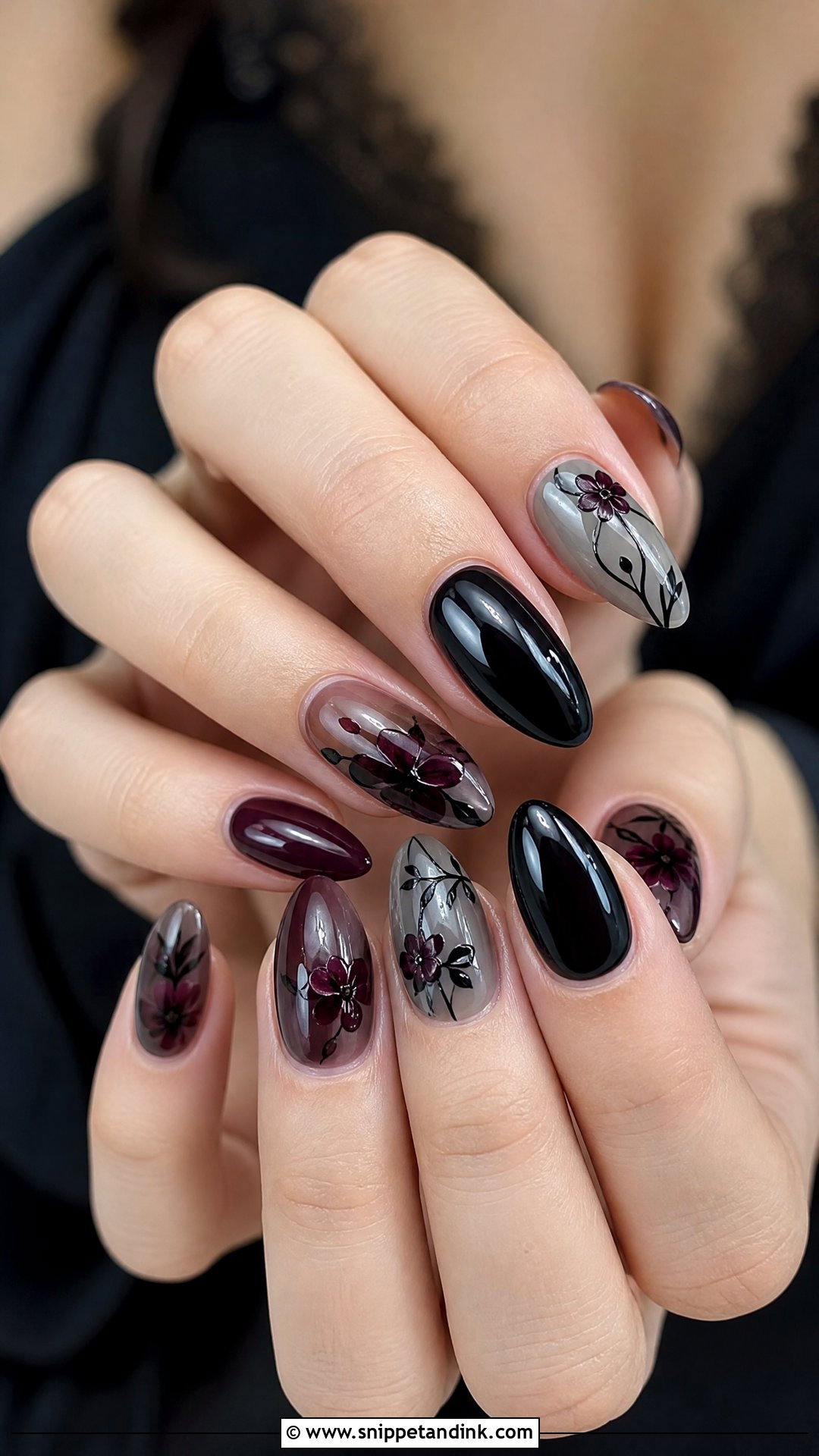Dark Floral Goth Wedding Nails - Snippet and Ink - 25 Goth Wedding Nails