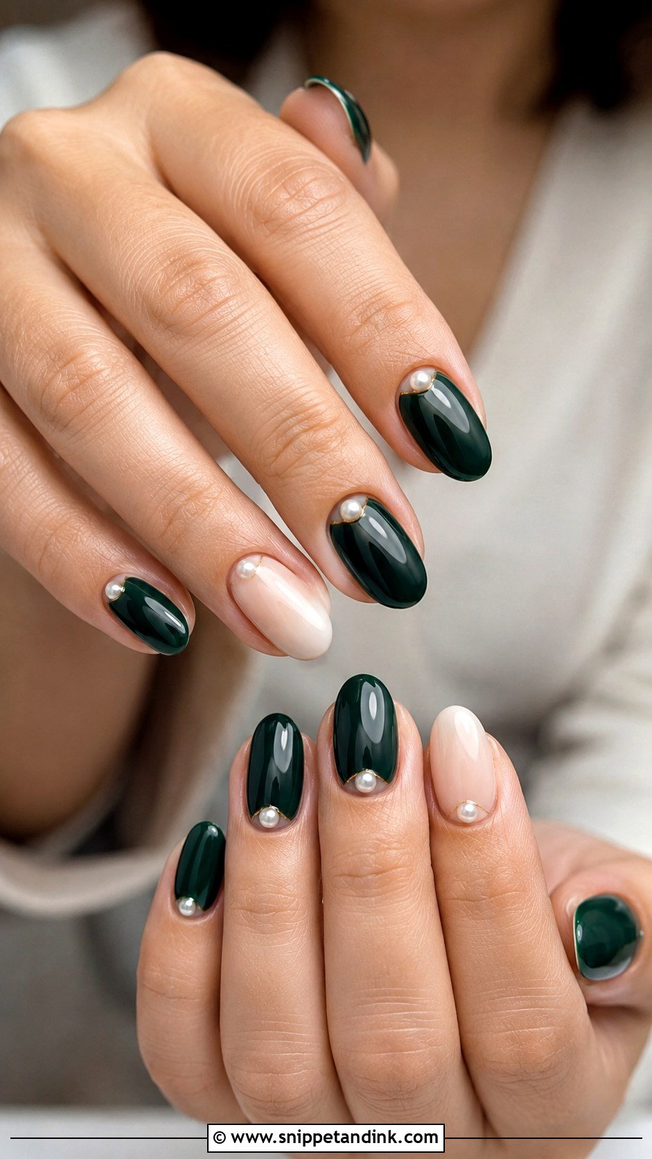 Dark Green Nails With Pearl Accents - Snippet and Ink - 20 Dark Green Wedding Nails