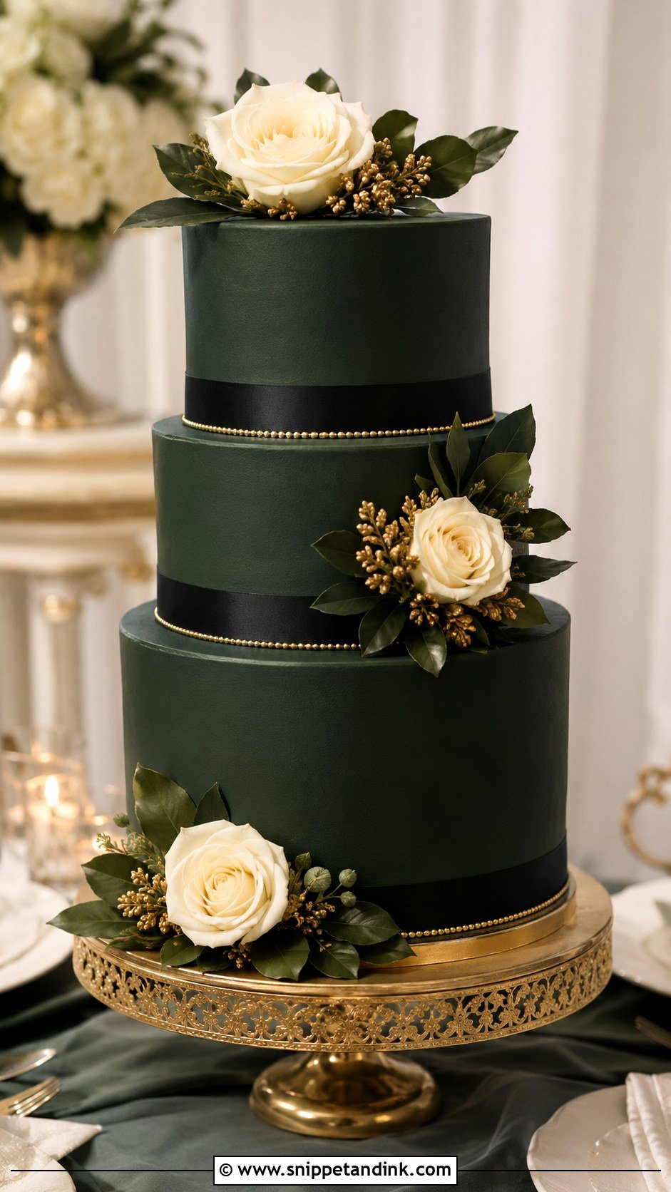 Dark Green Wedding Cake With Black Ribbon - Snippet and Ink - 20 Black Green and Gold Wedding Cake Ideas