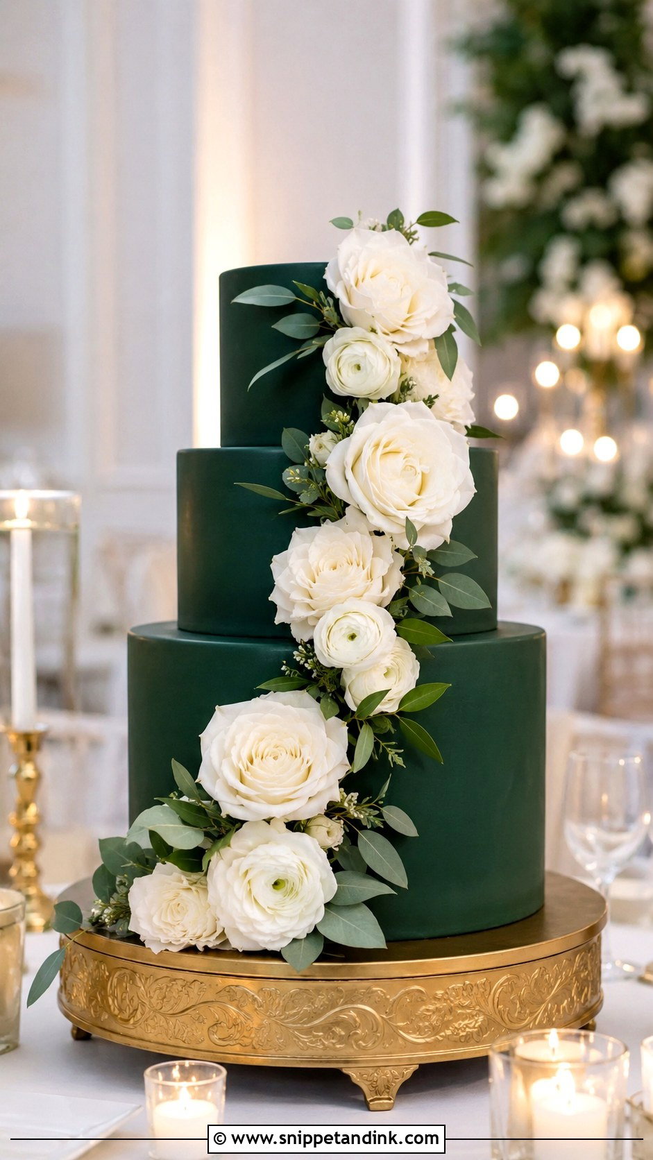 Dark Green Wedding Cake With White Flowers - Snippet and Ink - 25 Elegant Green Wedding Cake Ideas