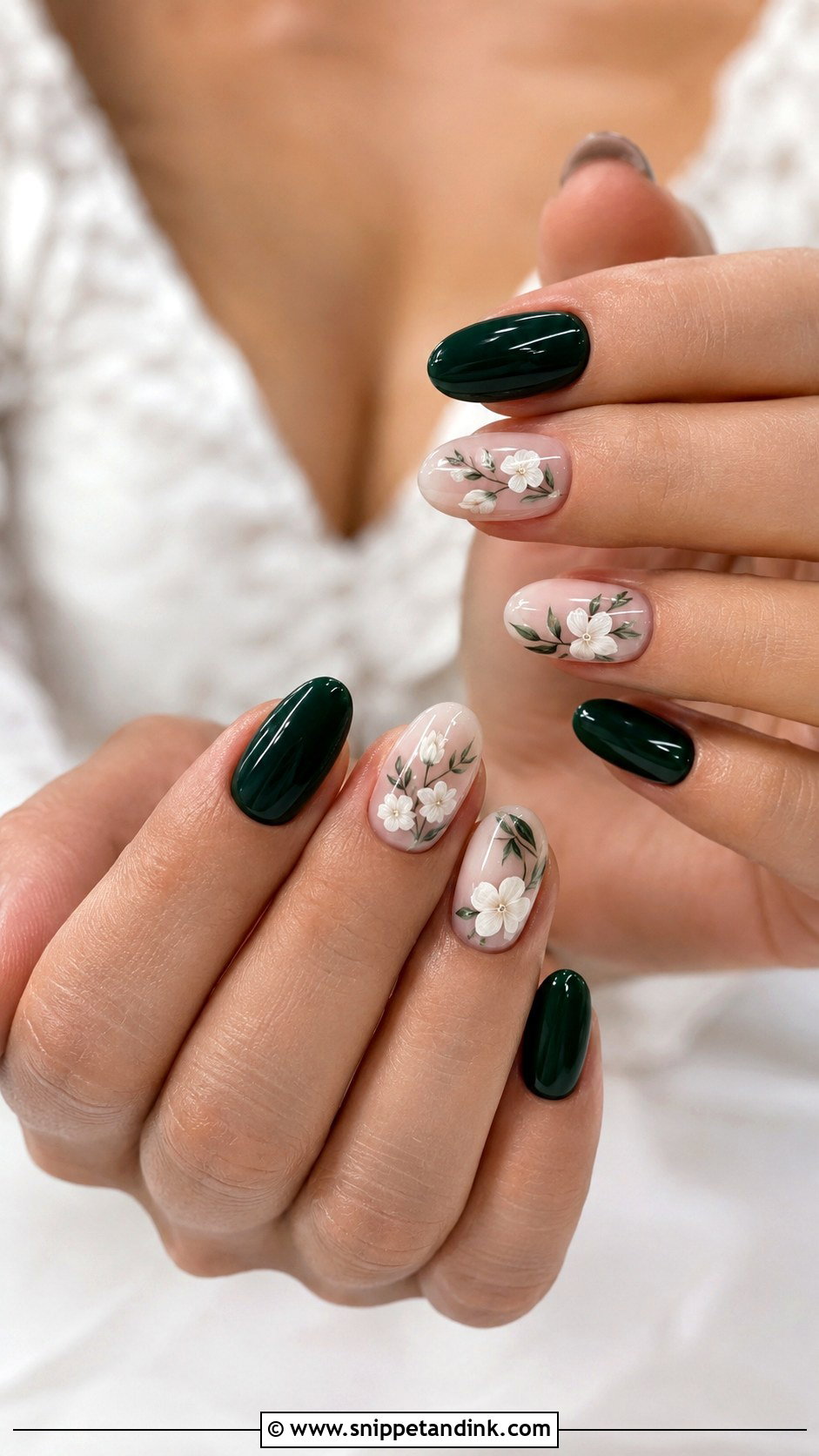 Dark Green Wedding Nails With White Flowers - Snippet and Ink - 20 Dark Green Wedding Nails