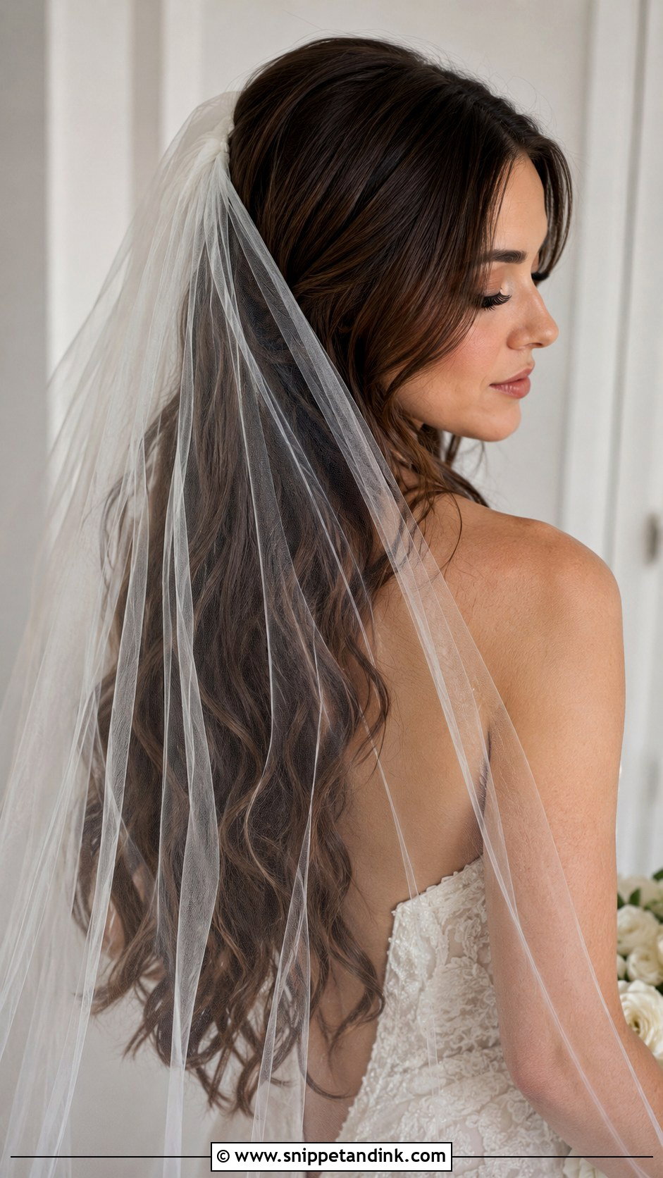 Dark Hair Bridal Long Veil Waves - Snippet and Ink - 20 Dark Hair Bridal Hair Ideas