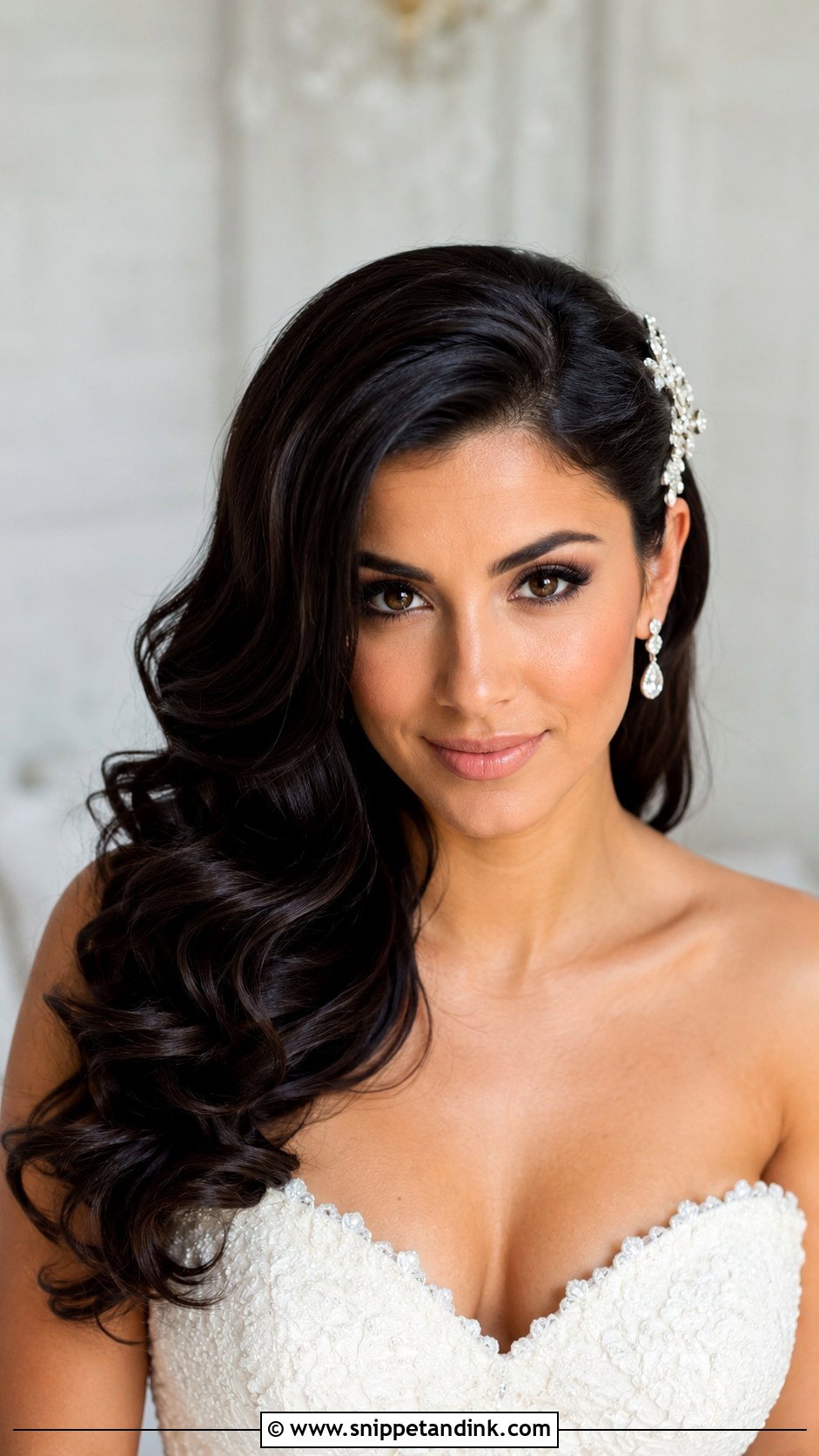 Dark Hair Bridal Side Swept Waves - Snippet and Ink - 20 Dark Hair Bridal Hair Ideas