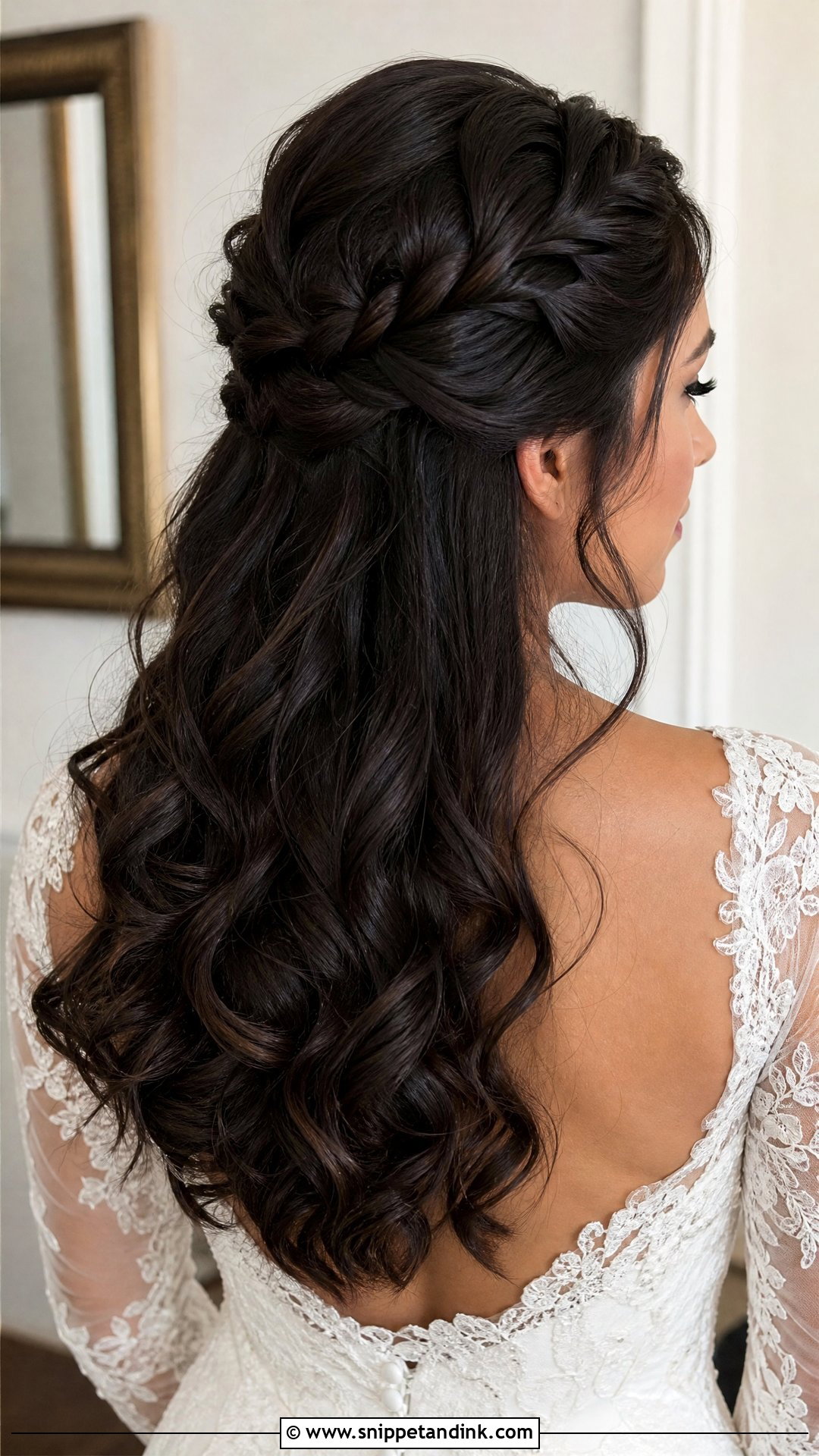 Dark Hair Half Up Half Down With Braided Crown - Snippet and Ink - 15 Dark Hair Half-Up Half-Down Wedding Hair Ideas