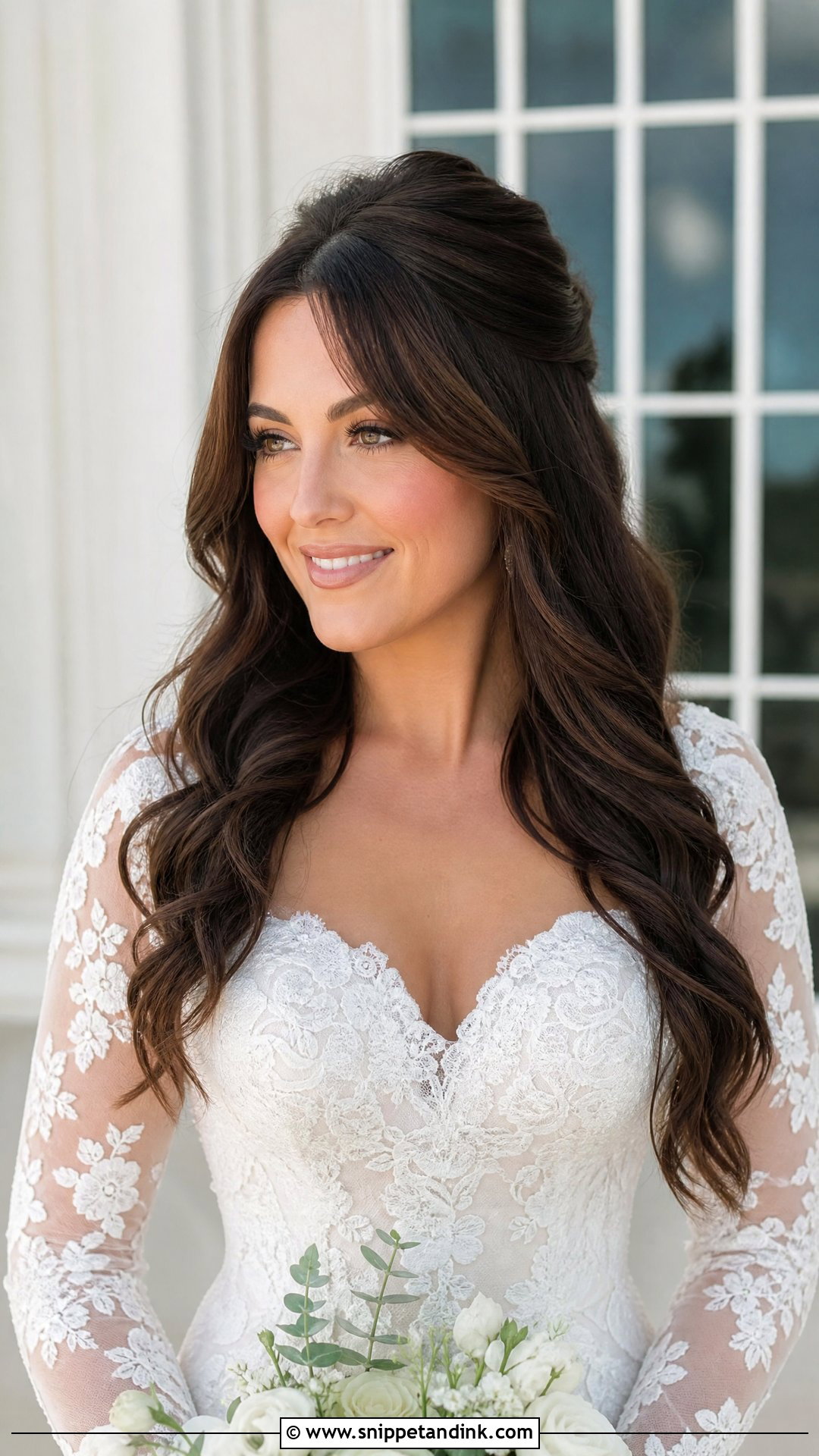 Dark Hair Half Up Half Down With Curtain Bangs - Snippet and Ink - 15 Dark Hair Half-Up Half-Down Wedding Hair Ideas
