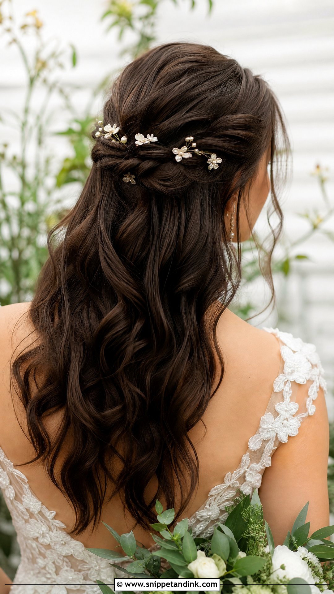 Dark Hair Half Up Half Down With Floral Pins - Snippet and Ink - 15 Dark Hair Half-Up Half-Down Wedding Hair Ideas