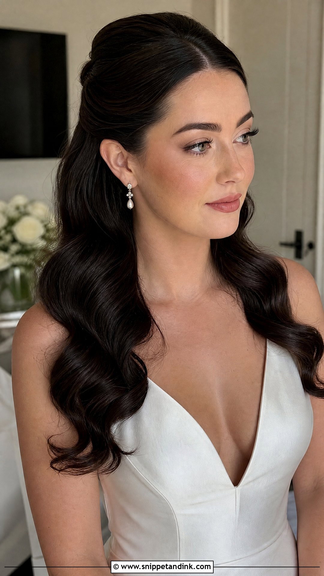 Dark Hair Half Up Half Down With Hollywood Waves - Snippet and Ink - 15 Dark Hair Half-Up Half-Down Wedding Hair Ideas
