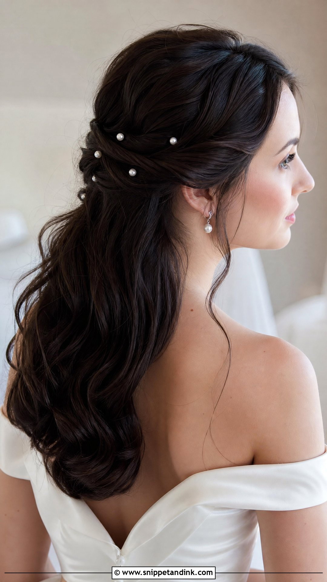 Dark Hair Half Up Half Down With Pearl Pins - Snippet and Ink - 15 Dark Hair Half-Up Half-Down Wedding Hair Ideas