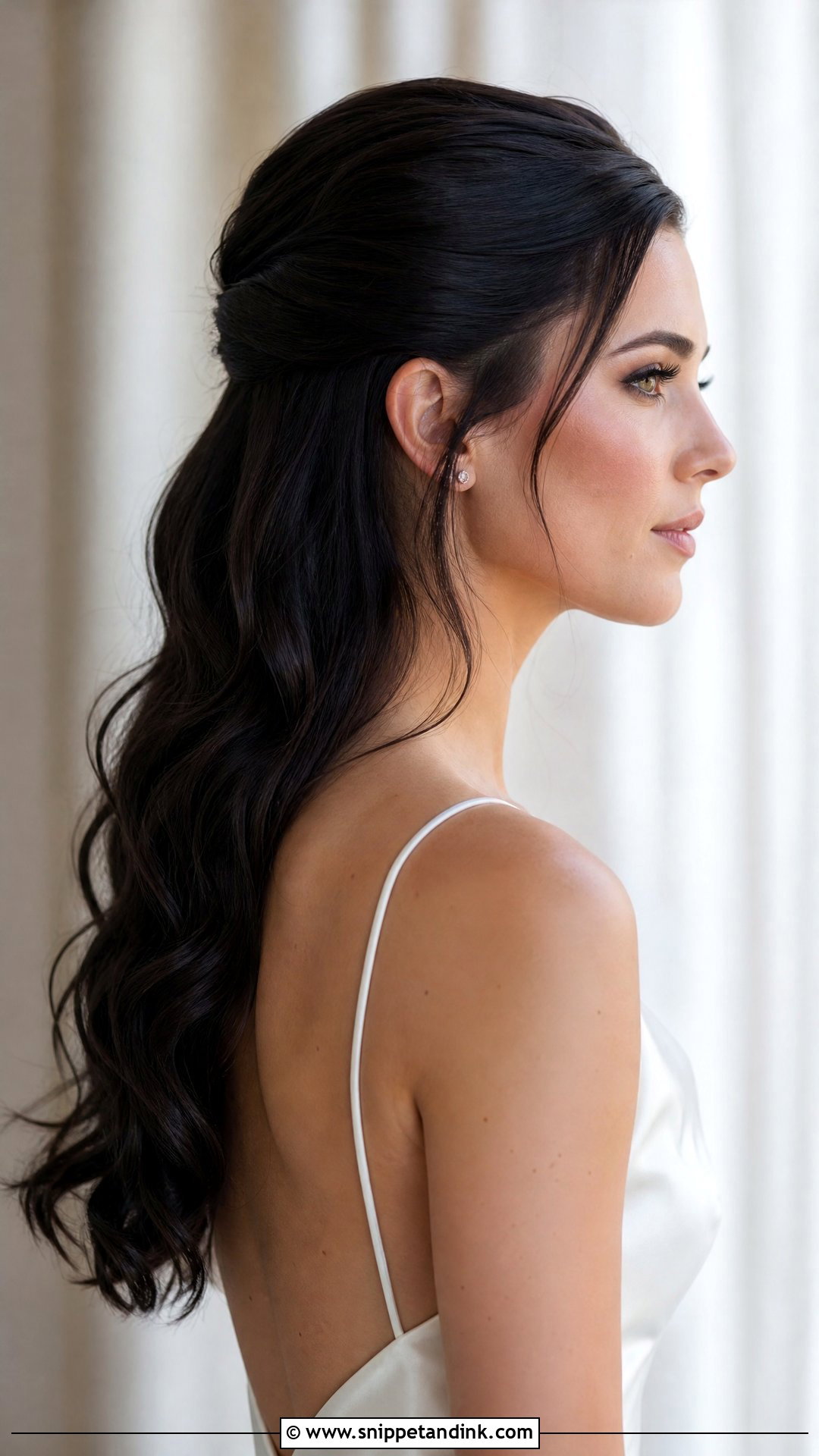 Dark Hair Half Up Half Down With Sleek Crown - Snippet and Ink - 15 Dark Hair Half-Up Half-Down Wedding Hair Ideas