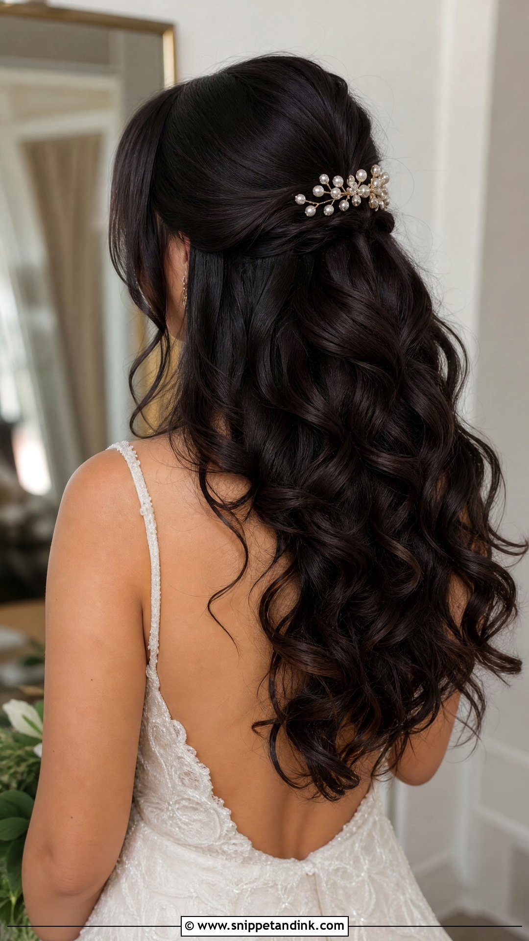 Dark Hair Half Up Half Down With Soft Curls - Snippet and Ink - 15 Dark Hair Half-Up Half-Down Wedding Hair Ideas