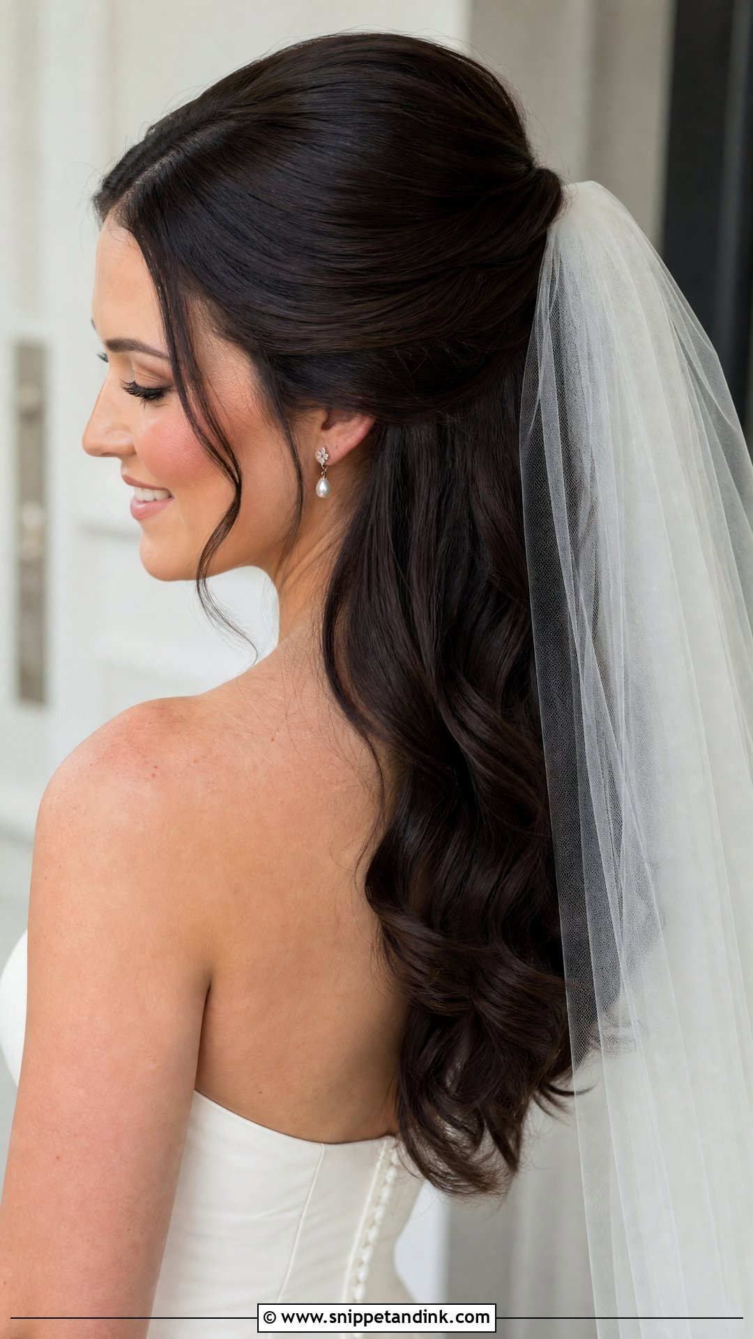 Dark Hair Half Up Half Down With Veil - Snippet and Ink - 15 Dark Hair Half-Up Half-Down Wedding Hair Ideas