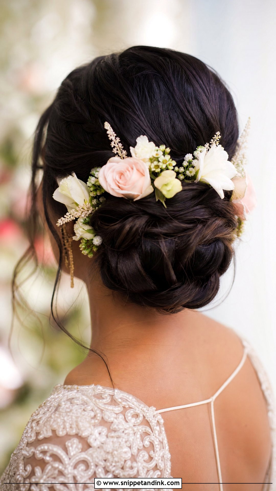 Dark Hair Updo With Flowers - Snippet and Ink - 20 Dark Wedding Hair Ideas