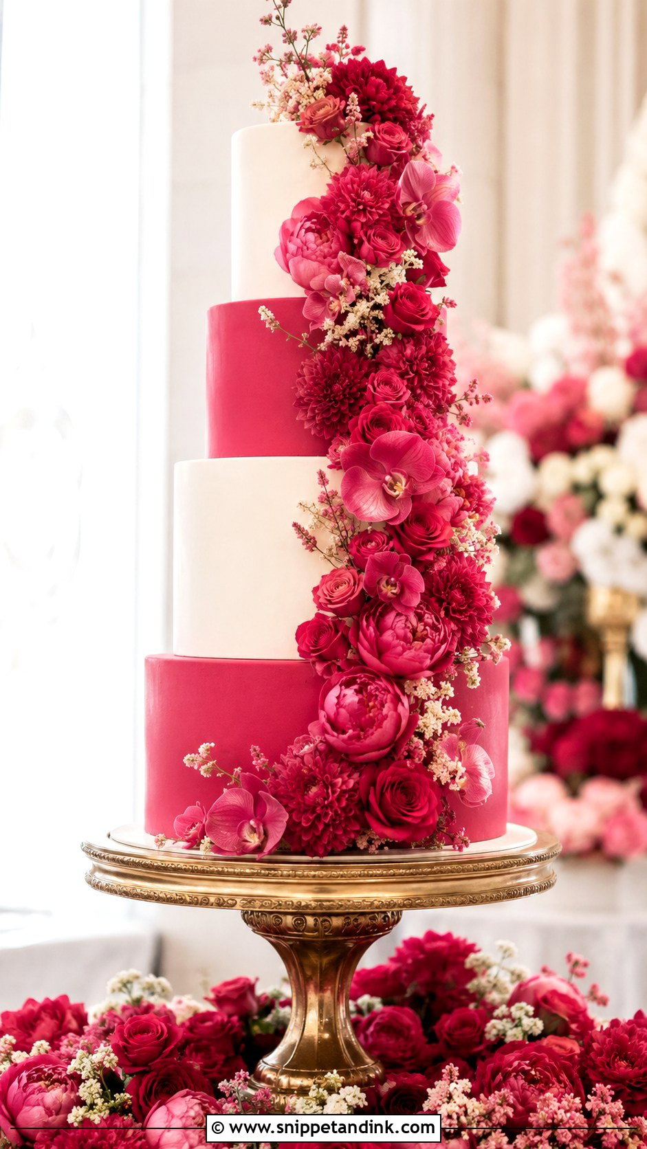 Dark Pink Floral Cascade Wedding Cake - Snippet and Ink - 25 Dark Pink Wedding Cake Ideas