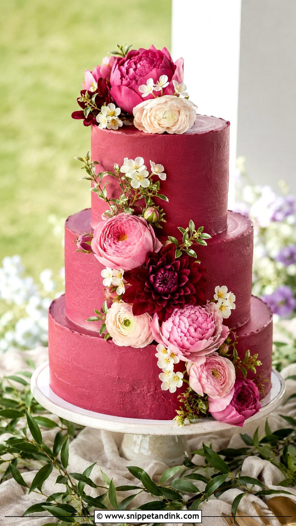 Dark Pink Floral Wedding Cake - Snippet and Ink - 25 Dark Pink Wedding Cake Ideas