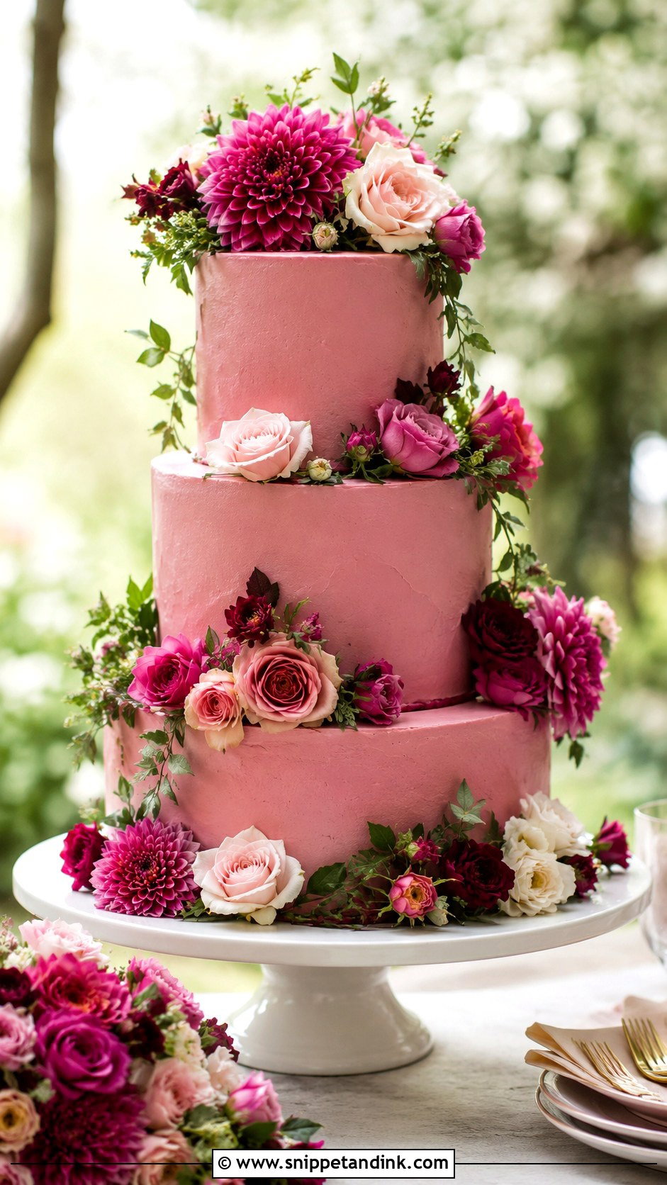 Dark Pink Fresh Flower Wedding Cake - Snippet and Ink - 25 Dark Pink Wedding Cake Ideas