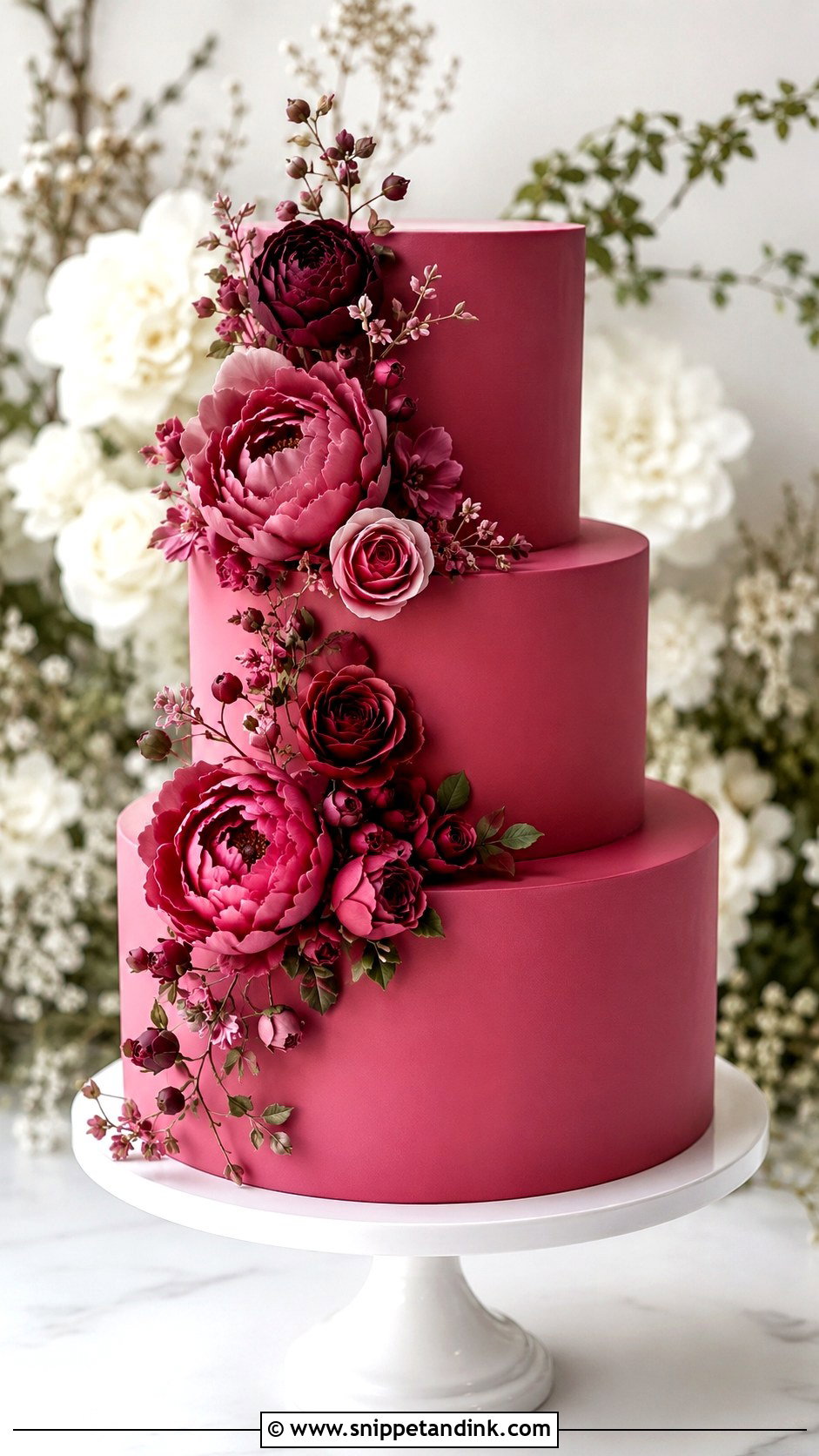 Dark Pink Sugar Flower Wedding Cake - Snippet and Ink - 25 Dark Pink Wedding Cake Ideas