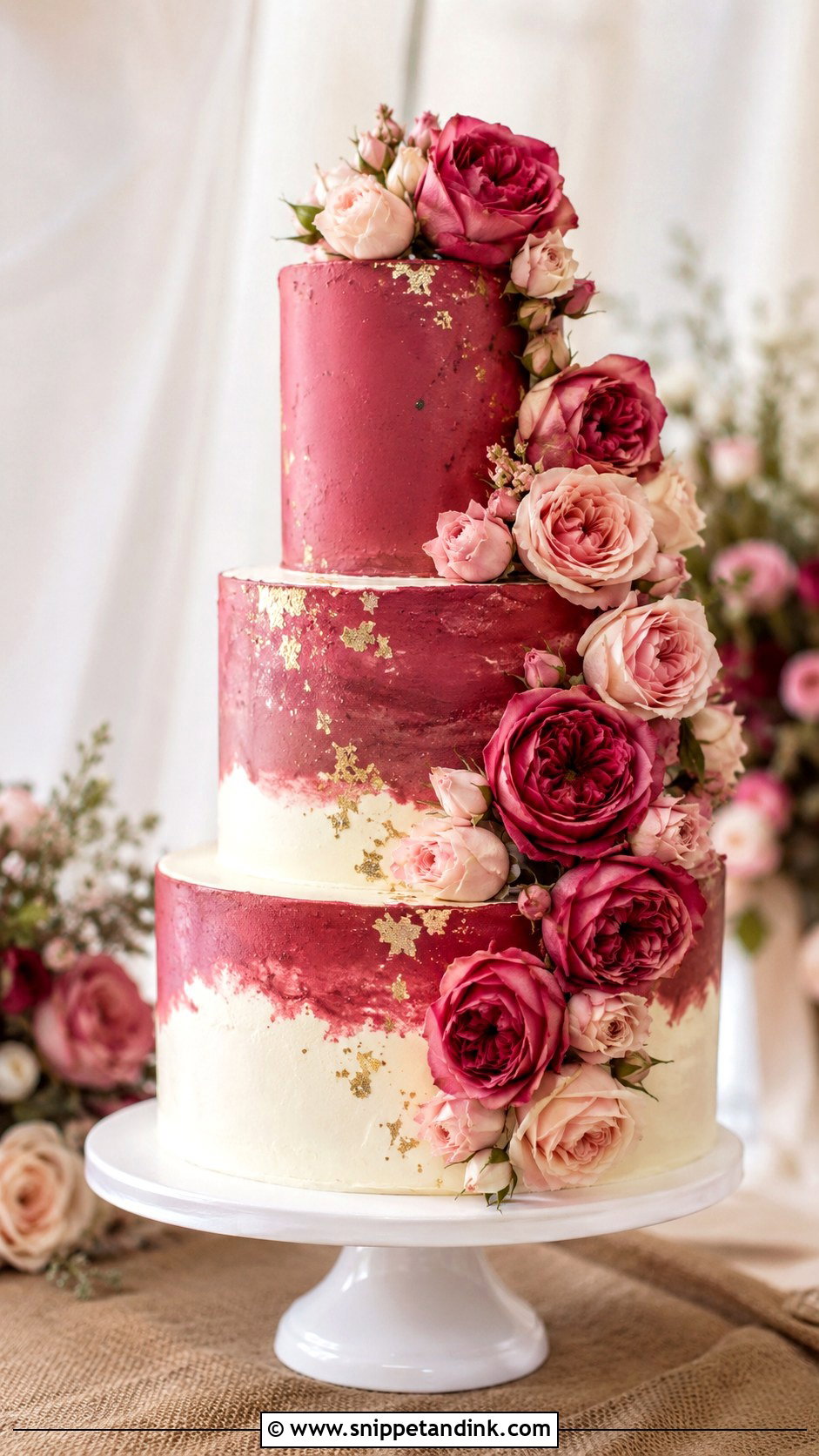 Dark Pink Wedding Cake With Roses - Snippet and Ink - 25 Dark Pink Wedding Cake Ideas