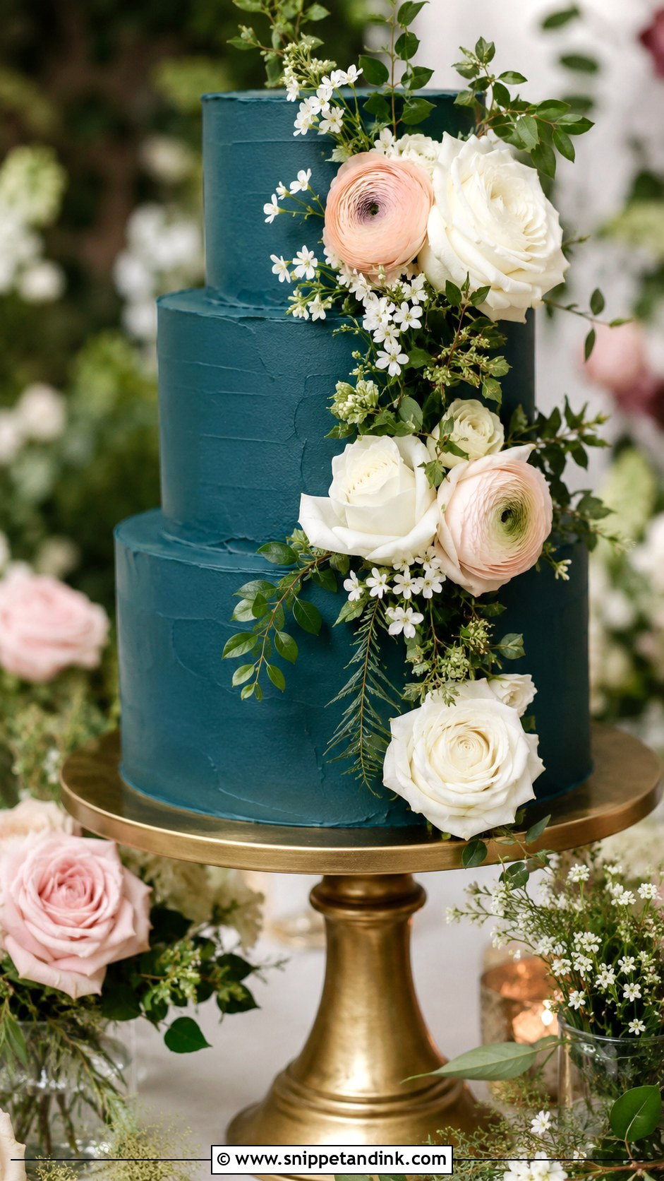 Dark Teal Floral Wedding Cake - Snippet and Ink - 25 Dark Teal Wedding Cake Ideas