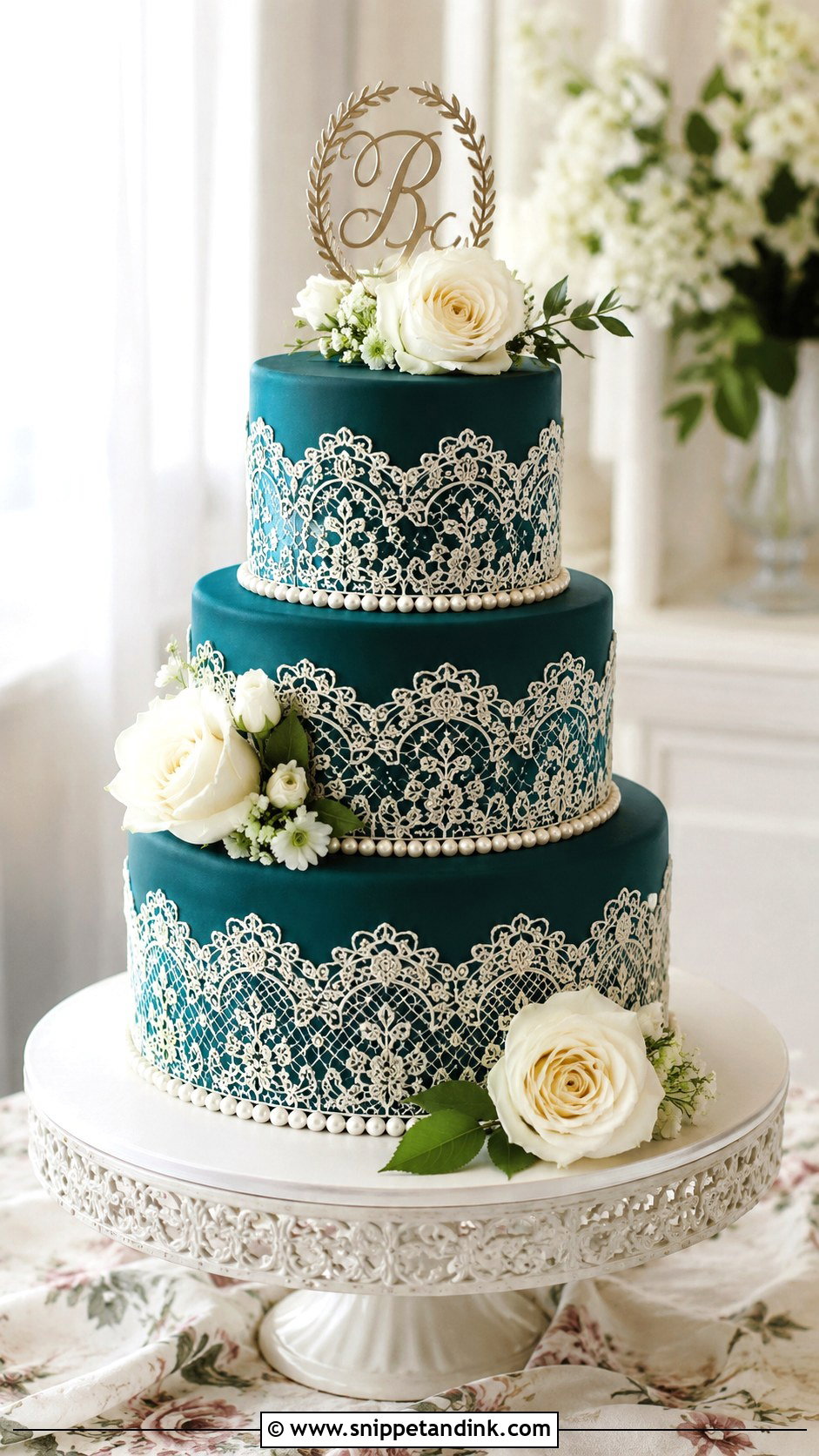 Dark Teal Lace Wedding Cake - Snippet and Ink - 25 Dark Teal Wedding Cake Ideas