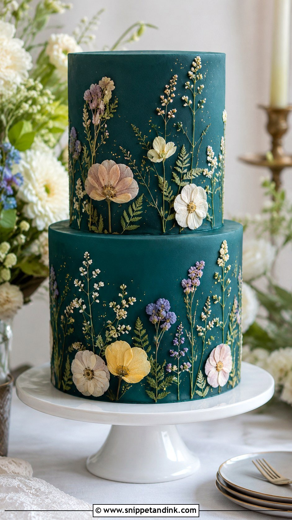 Dark Teal Pressed Flower Wedding Cake - Snippet and Ink - 25 Dark Teal Wedding Cake Ideas
