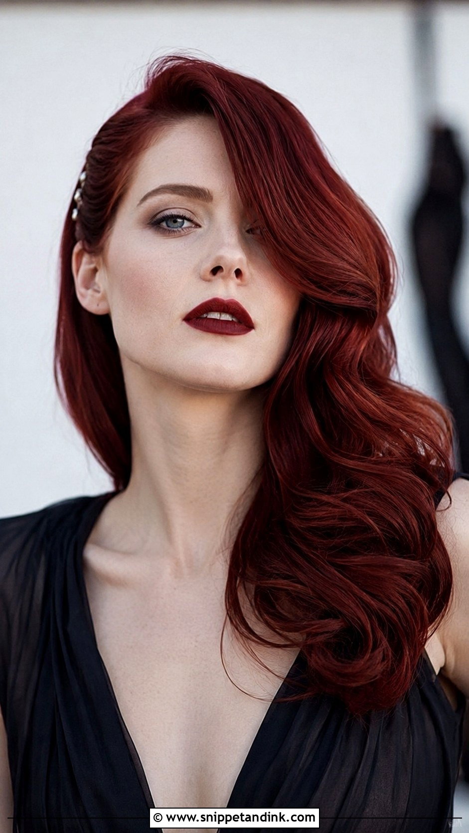 Deep Red Waves With Side Part - Snippet and Ink - 25 Goth Wedding Hair Ideas