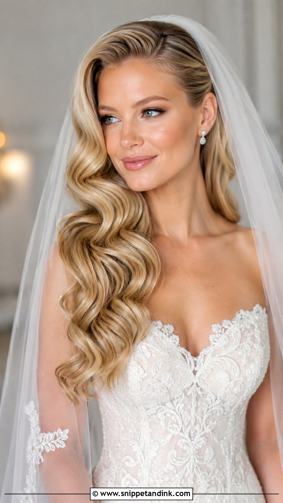 Deep Side Part Hollywood Waves With Cathedral Veil - Snippet and Ink - 30 Hollywood Waves with Veil