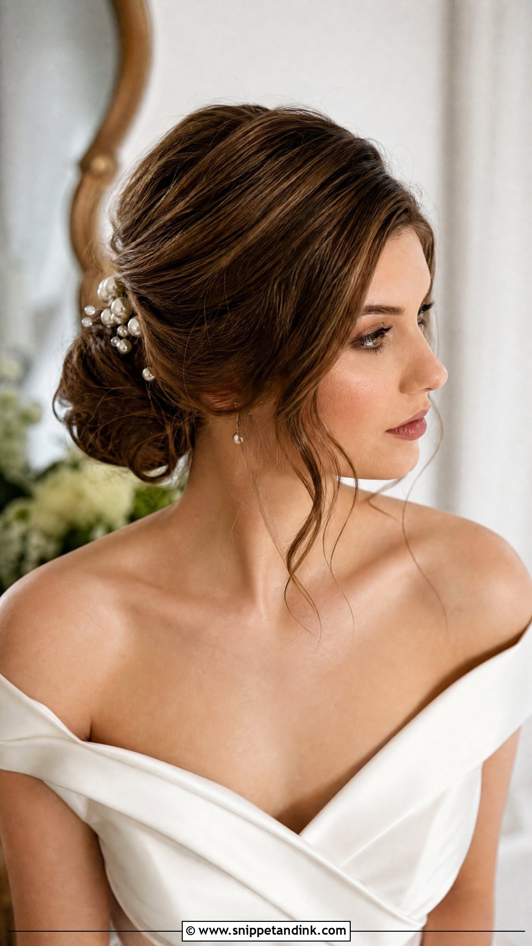 Deep Side Part Tousled Low Bun - Snippet and Ink - 20 Wedding Hairstyles for Chubby Face