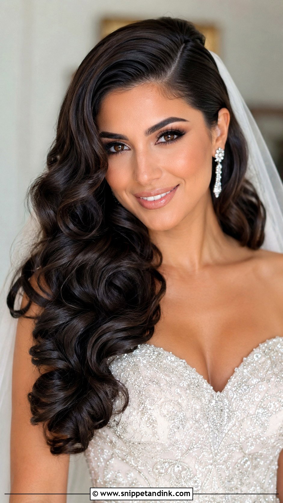 Deep Side Part With Hollywood Curls - Snippet and Ink - 20 Wedding Hairstyles Dark Hair