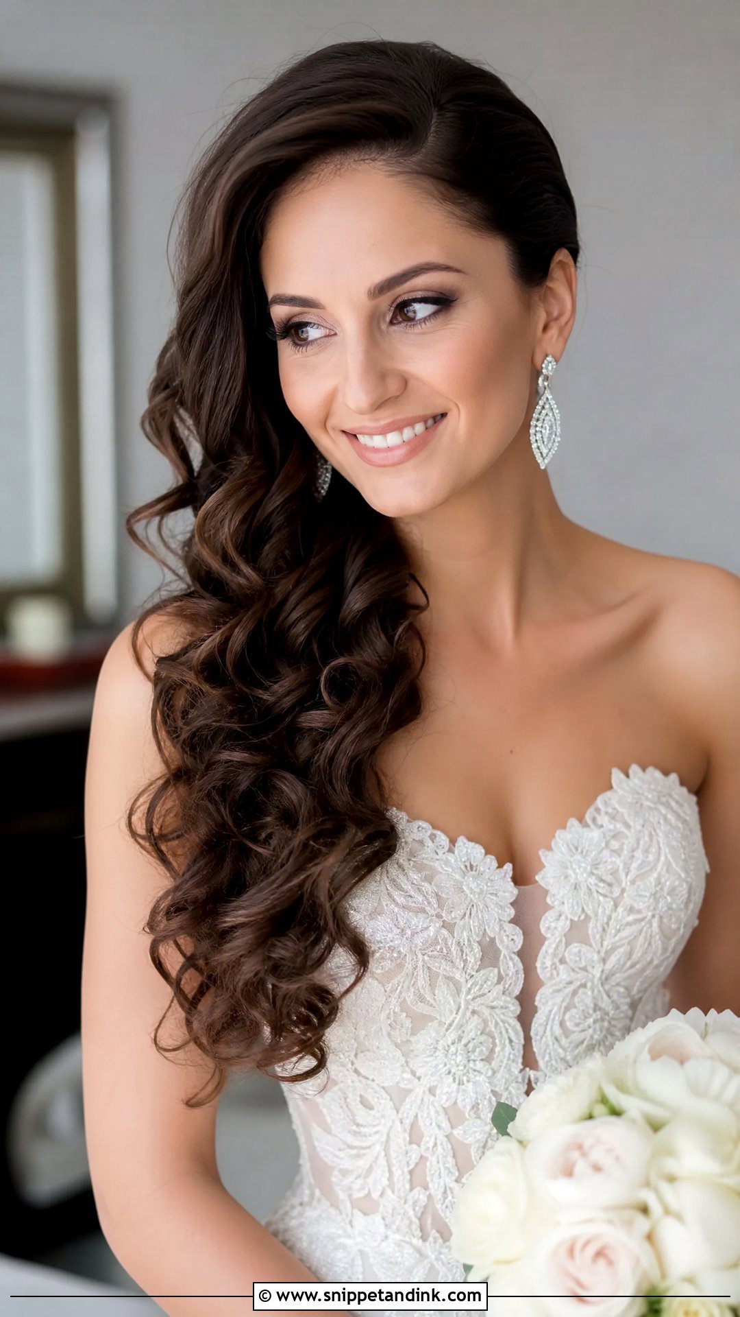 Deep Side Part with Cascading Curls - Snippet and Ink - 20 Long Wedding Hair All Down Ideas