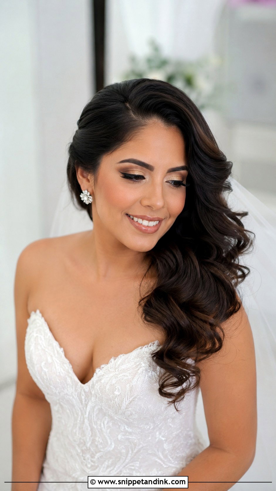 Deep Side Part with Soft Curls - Snippet and Ink - 35 Bridal Hair Down Ideas
