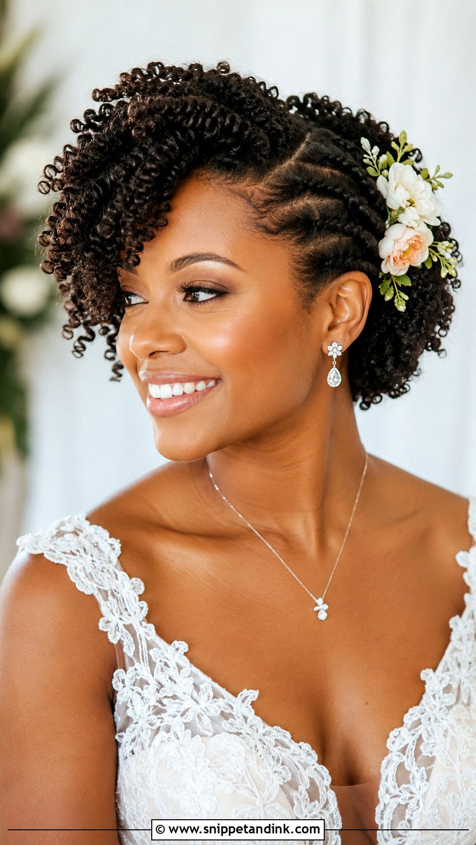 Defined Twist Out With Floral Pins - Snippet and Ink - 20 Natural Hair Wedding Hairstyles