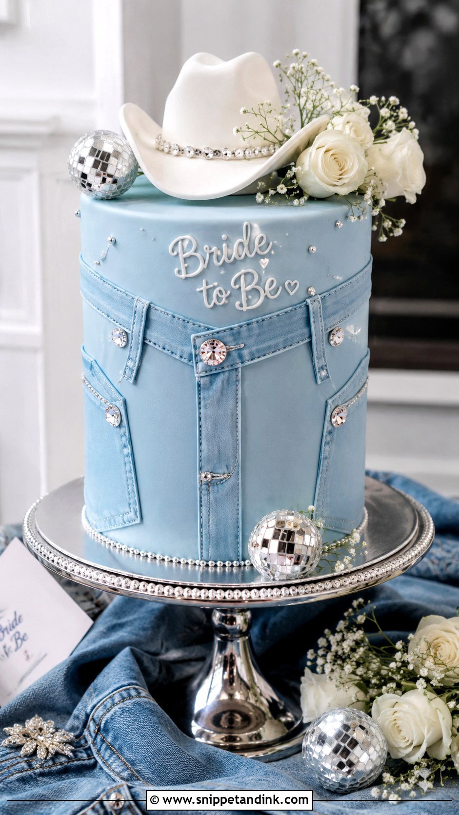 Denim And Diamonds Cake - Snippet and Ink - 25 Disco Cowgirl Bachelorette Cake Ideas for Wedding