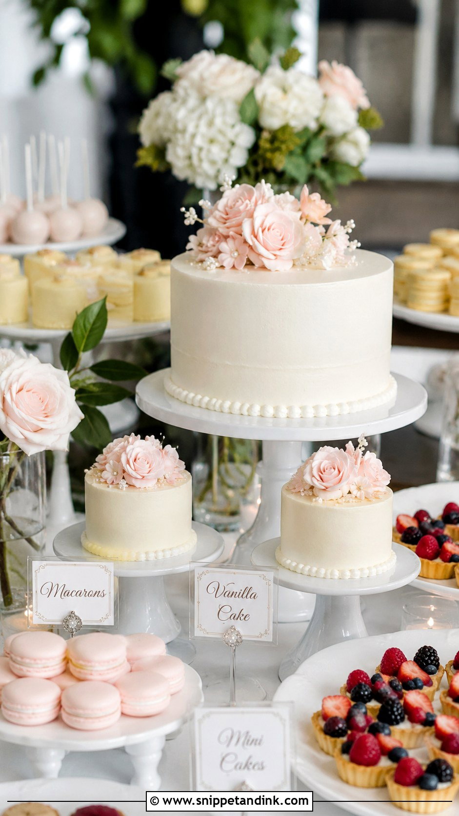 Dessert Table Wedding Cake With Mini Cakes - Snippet and Ink - 25 Wedding Cake with Mini Cakes