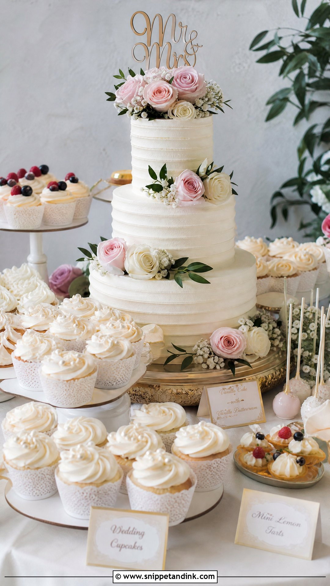 Dessert Table With Wedding Cake And Cupcakes - Snippet and Ink - 20 Wedding Cake and Cupcake Display
