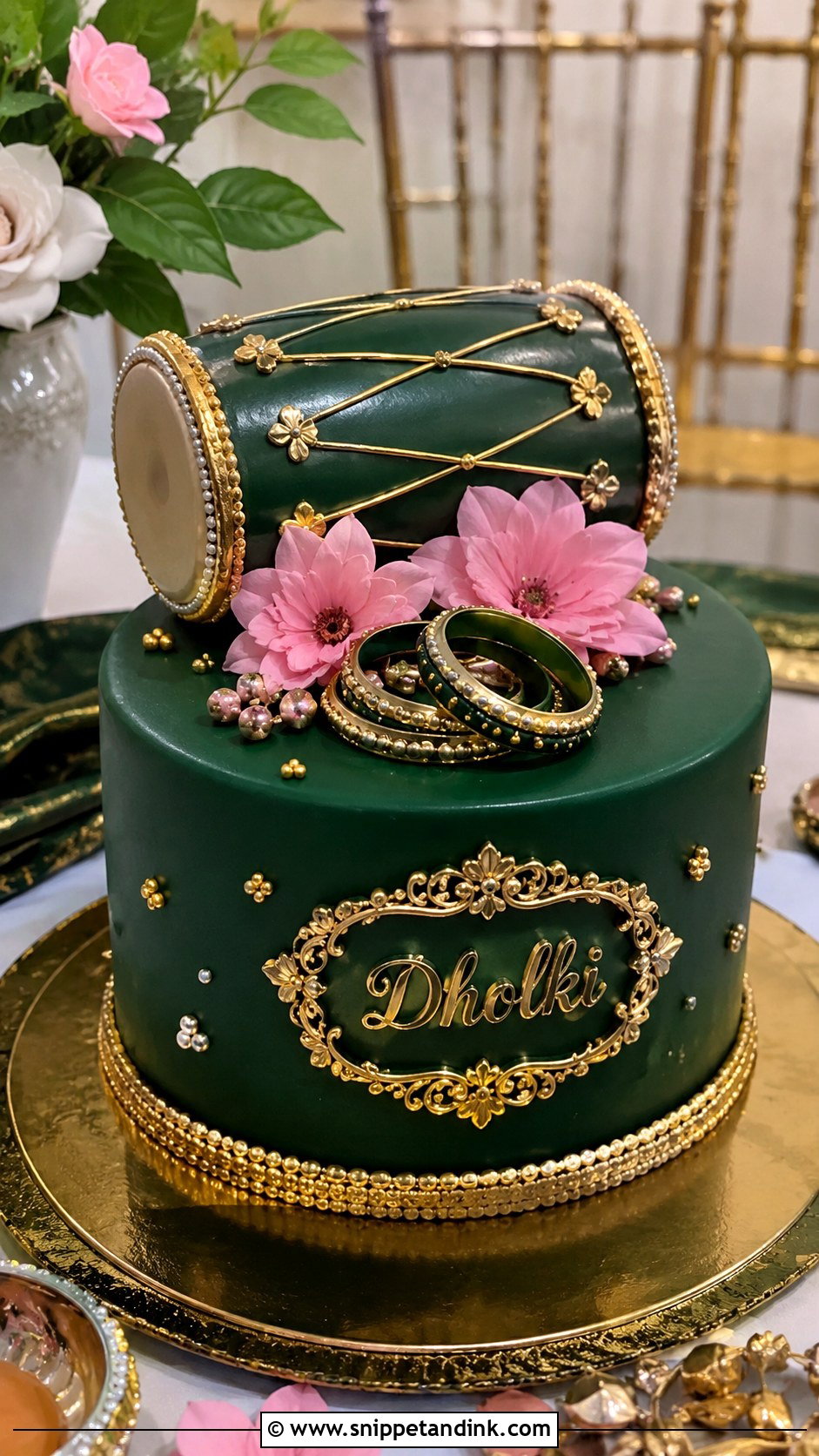 Dholki Cake With Gold Details - Snippet and Ink - 20 Dholki Cake Ideas