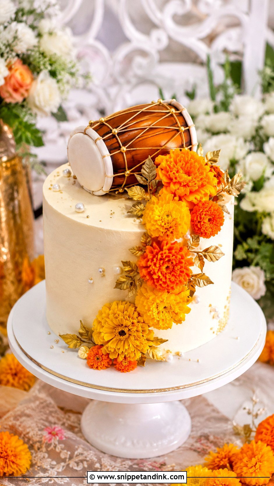 Dholki Cake With Marigold Flowers - Snippet and Ink - 20 Dholki Cake Ideas