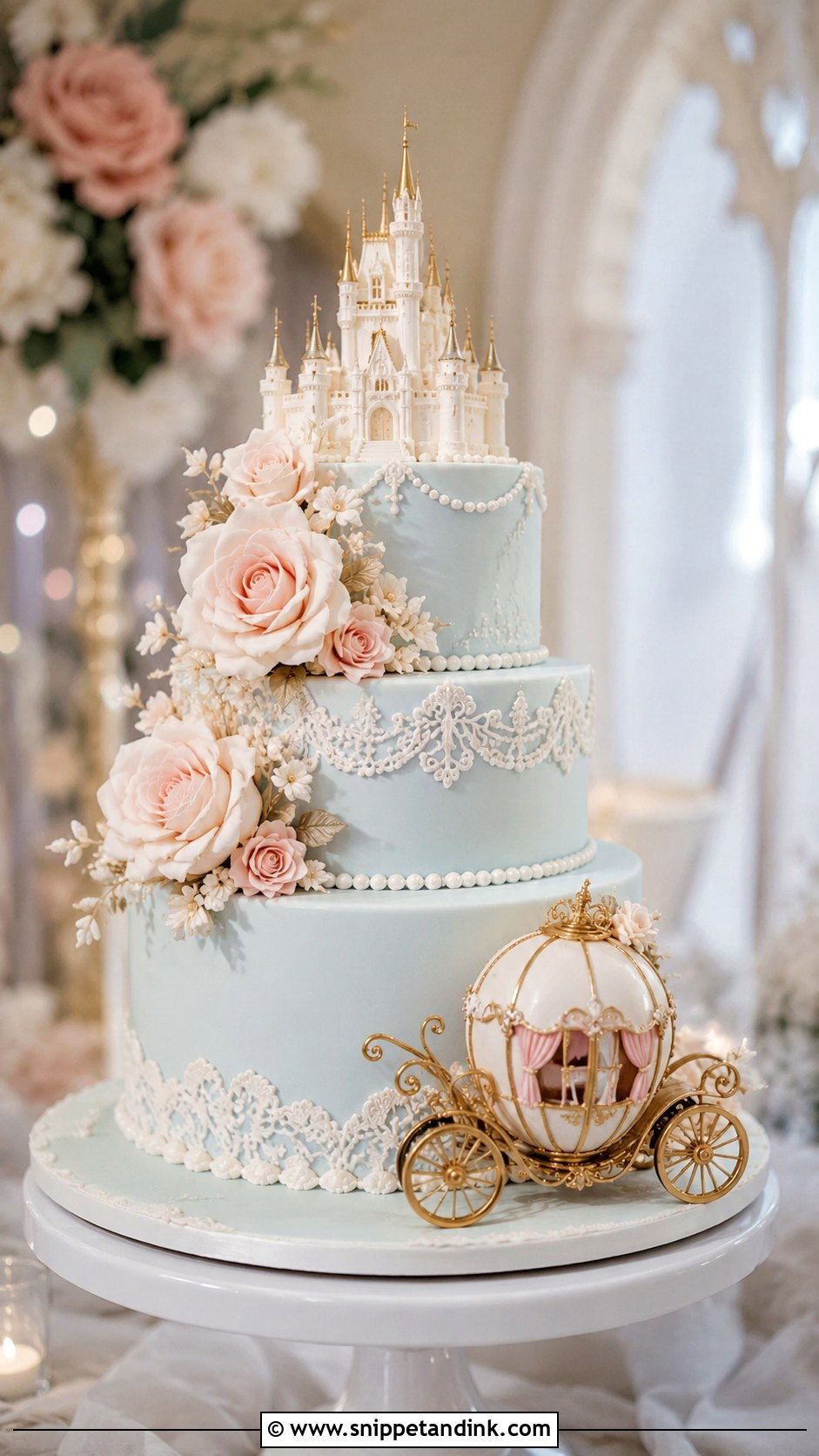 Disney Castle Wedding Cake With Carriage - Snippet and Ink - 20 Disney Castle Wedding Cake Ideas