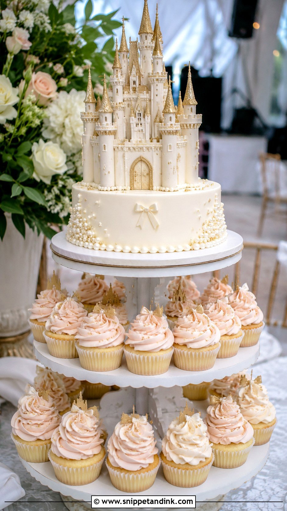 Disney Castle Wedding Cake With Cupcakes - Snippet and Ink - 20 Disney Castle Wedding Cake Ideas