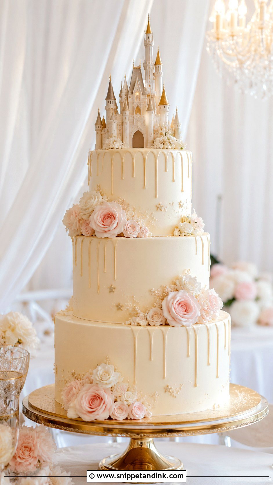 Disney Castle Wedding Cake With Drip - Snippet and Ink - 20 Disney Castle Wedding Cake Ideas